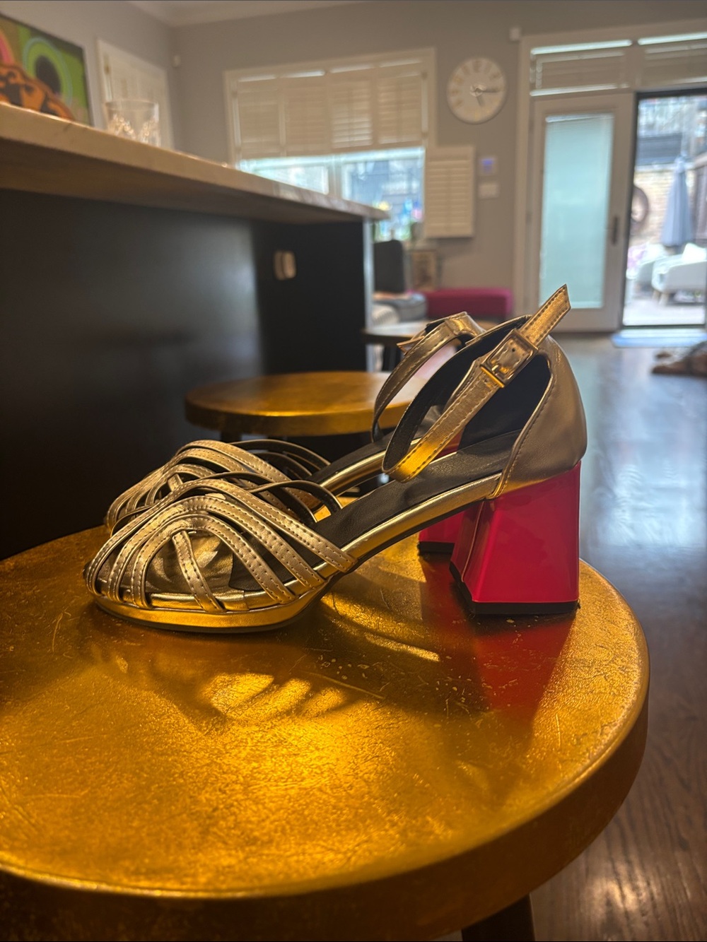 Metallic Gold Strappy Block Heel Sandals with Pink Block Heel